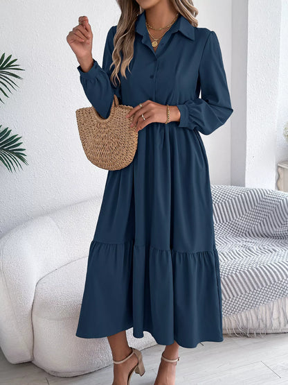 Long Sleeve Tiered Button Front Midi Dress