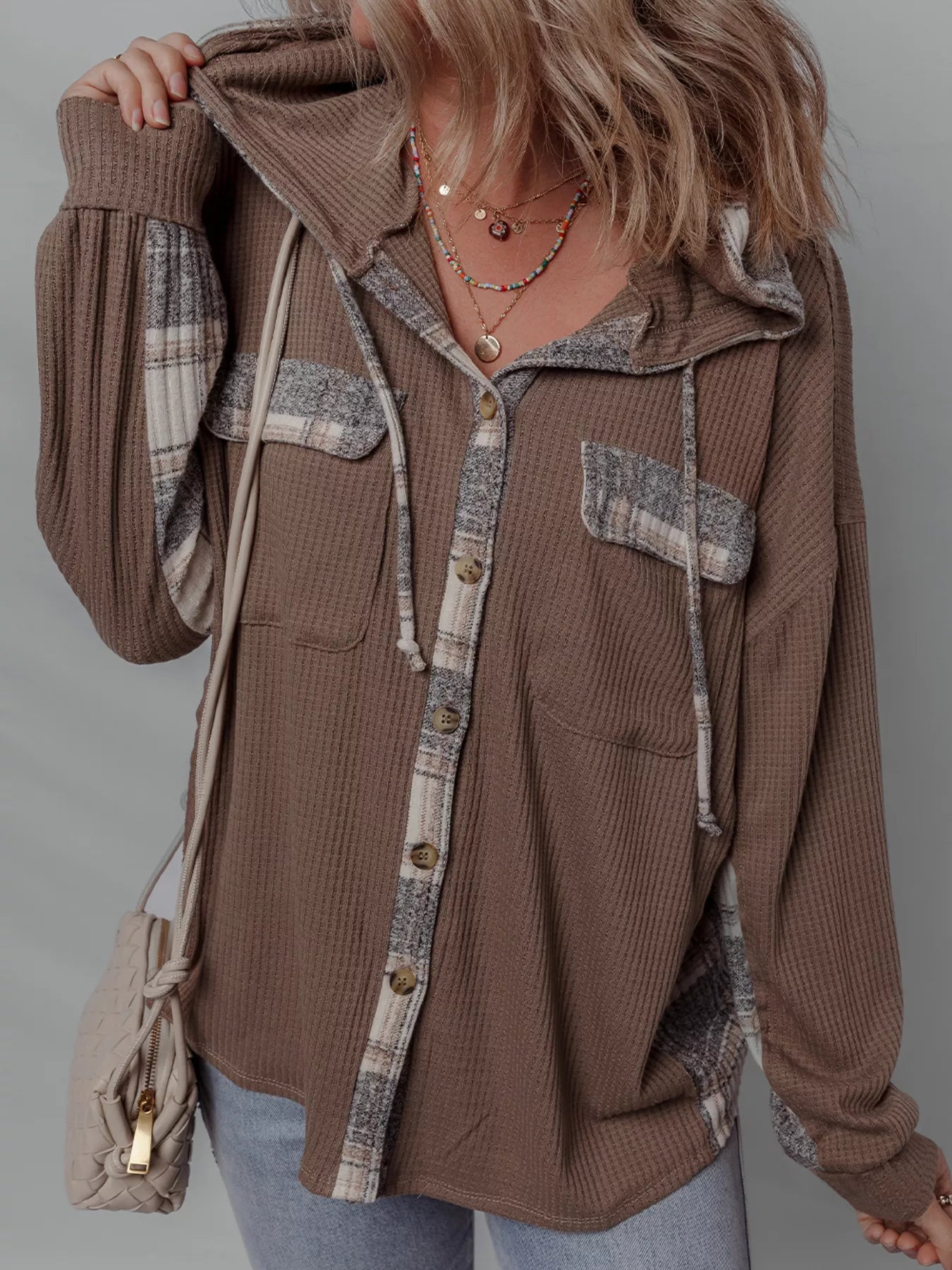 Plaid Patchwork Button Down Drawstring Hooded Shacket