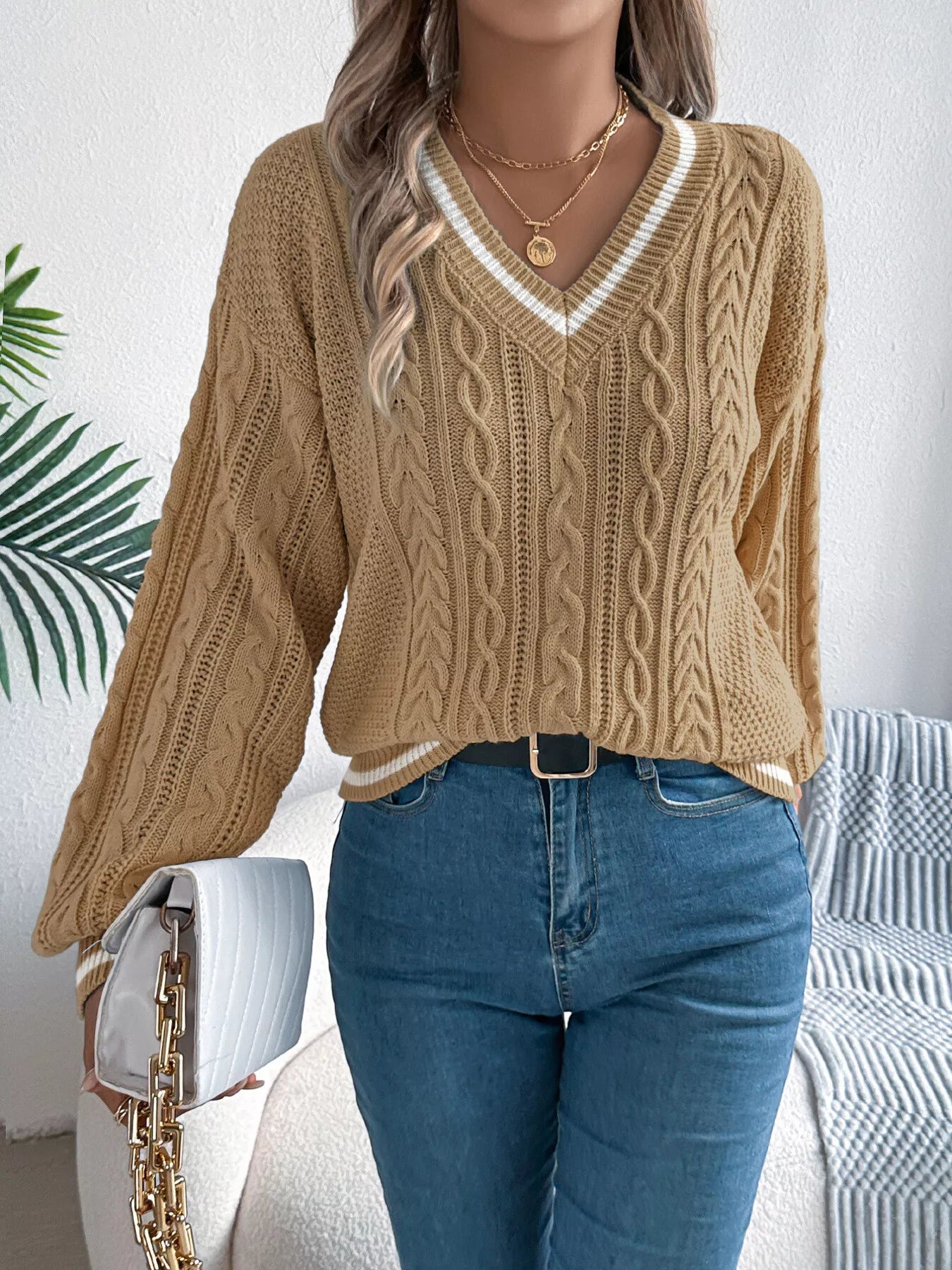 Cable Knit V-Neck Long Sleeve Sweater