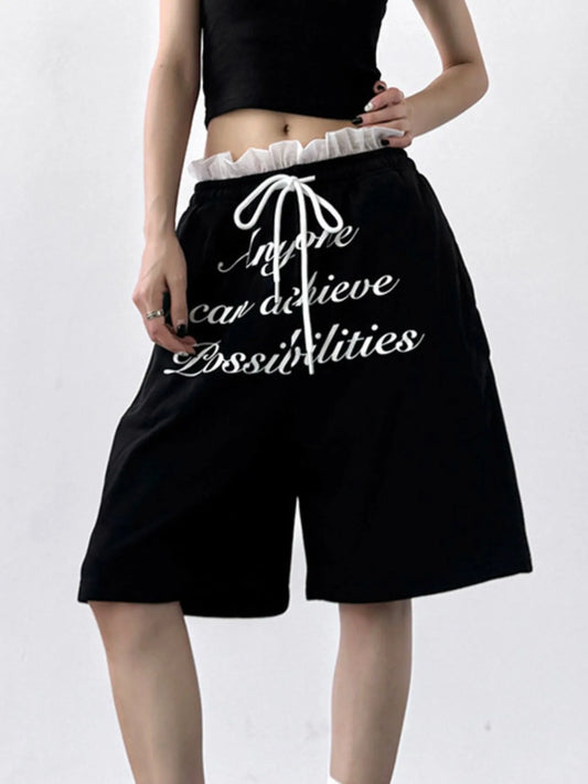 Drawstring Letter Shorts Black