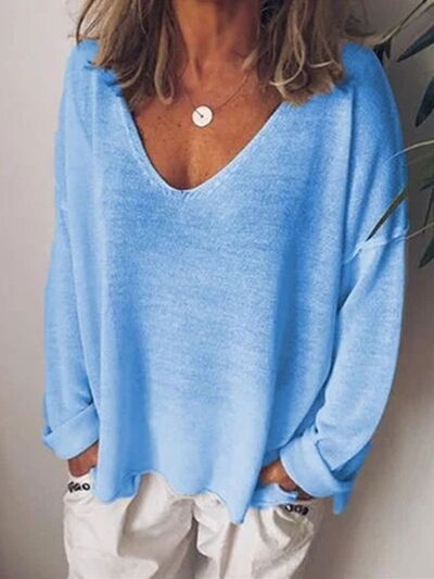 Full Size V-Neck Drop Shoulder Long Sleeve T-Shirt Plus Size Blue
