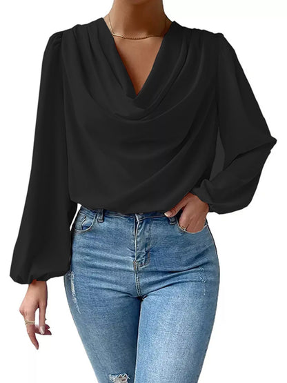 Full Size Cowl Neck Balloon Sleeve Blouse Plus Size Black