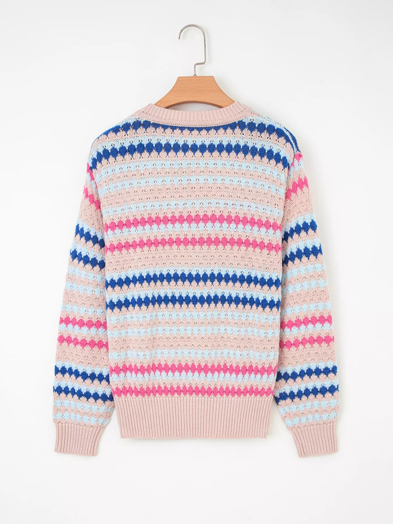 Stripe Eyelet Patterned Drop Shoulder Sweater