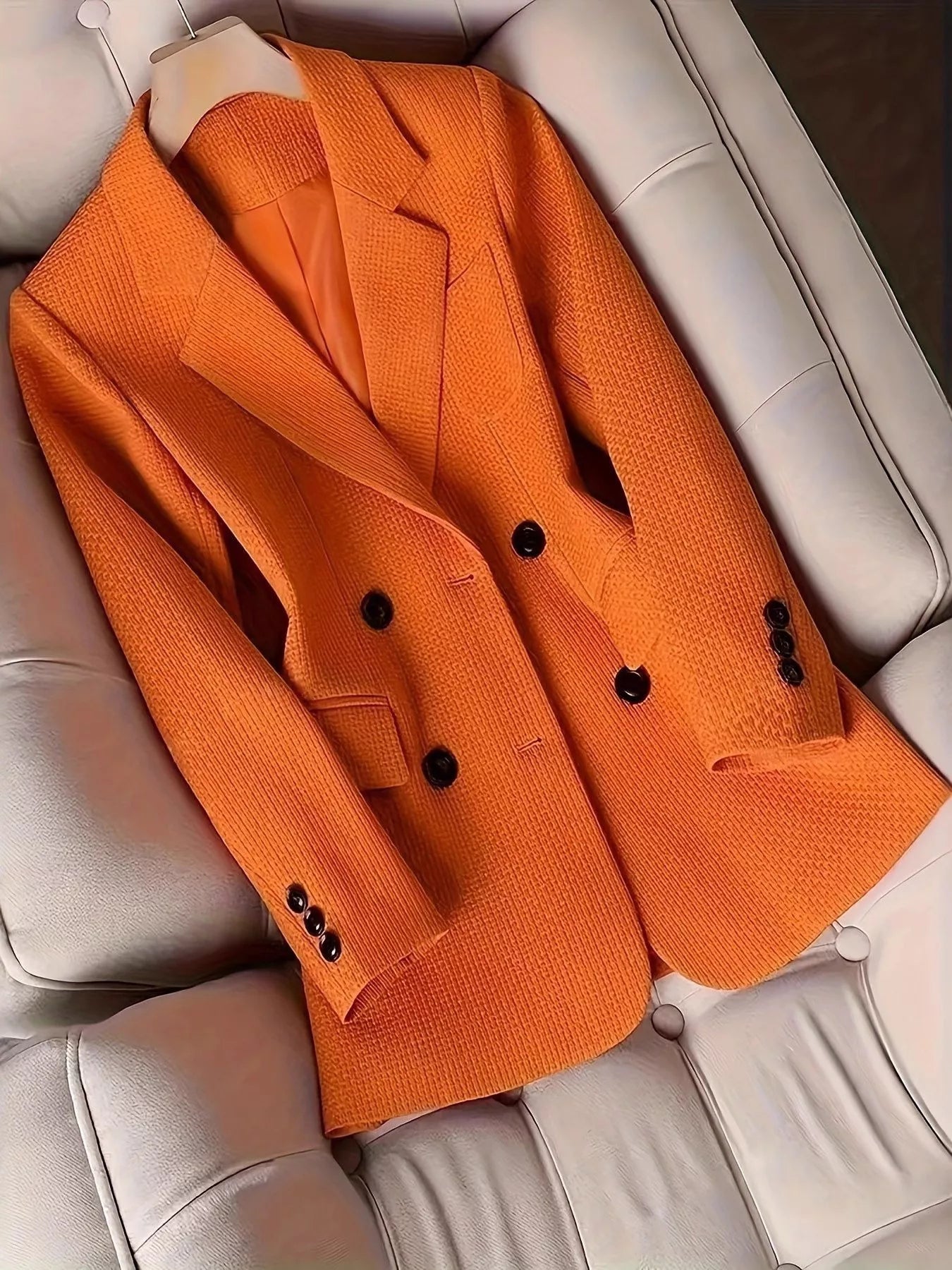 Double-Breasted Textured Blazer Orange