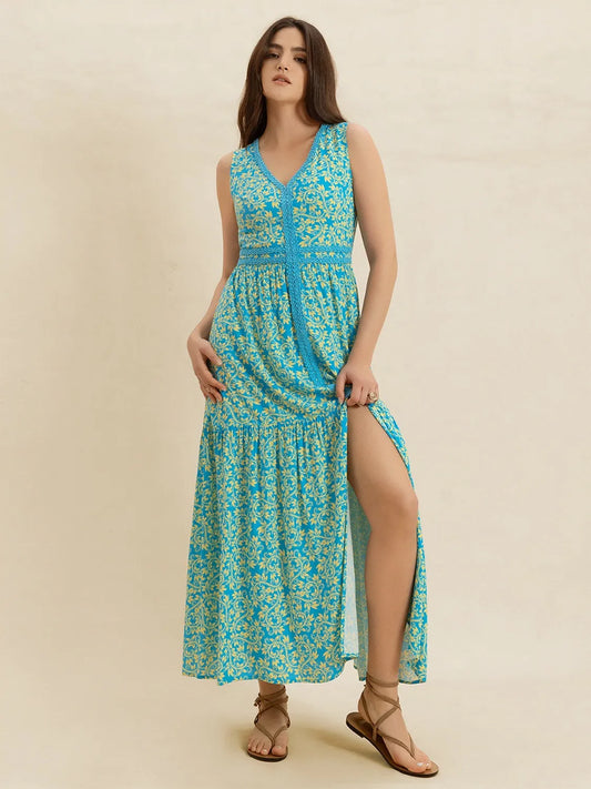 Slit Printed V-Neck Sleeveless Dress Teal