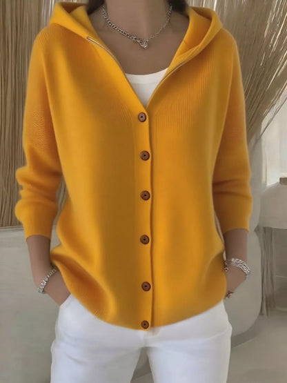 Full Size Hooded Button-Front Soft Knit Cardigan Plus Size Yellow