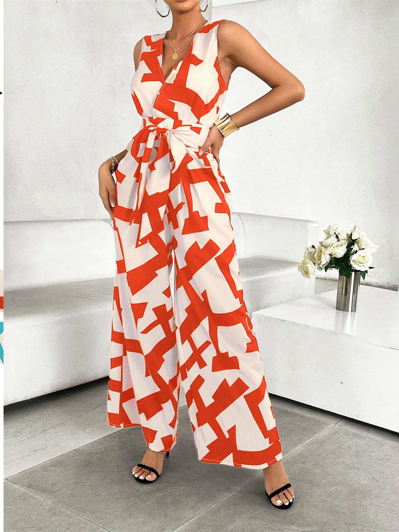 Printed Wide Leg Jumpsuit Orange