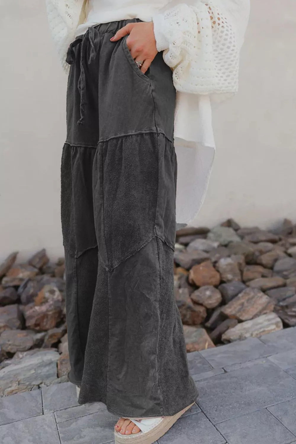 Mineral Wash Tiered Wide Leg Patchwork Drawstring Pants