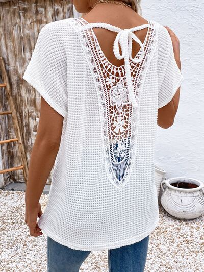 Lace Detail Round Neck Short Sleeve T-Shirt White