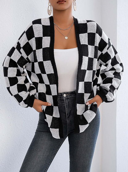 Black and White Checkered Cardigan - Checkered Open Front Long Sleeve Cardigan