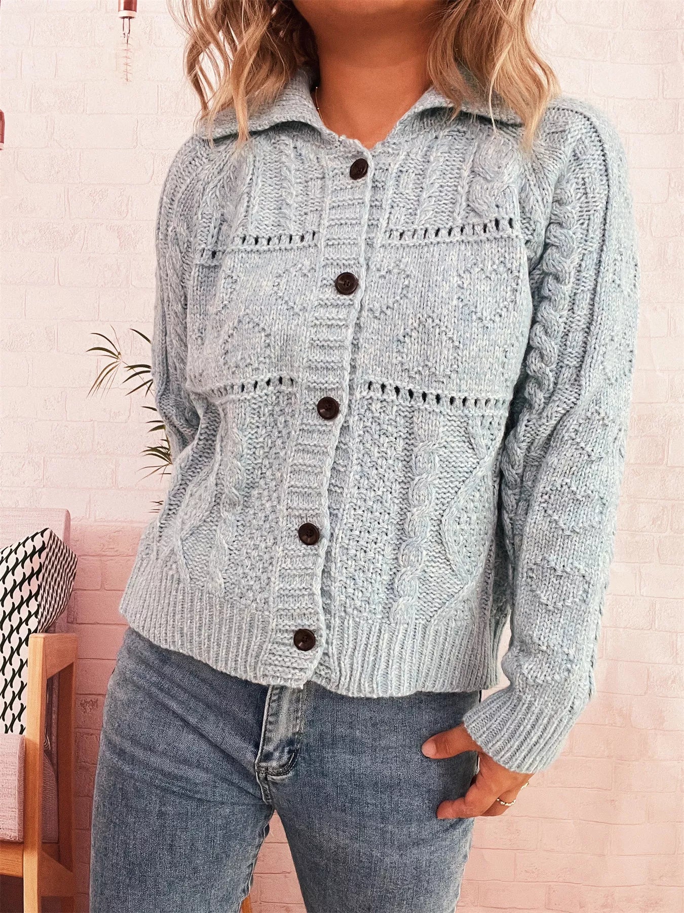 Openwork Cable Knit Button-Up Cardigan