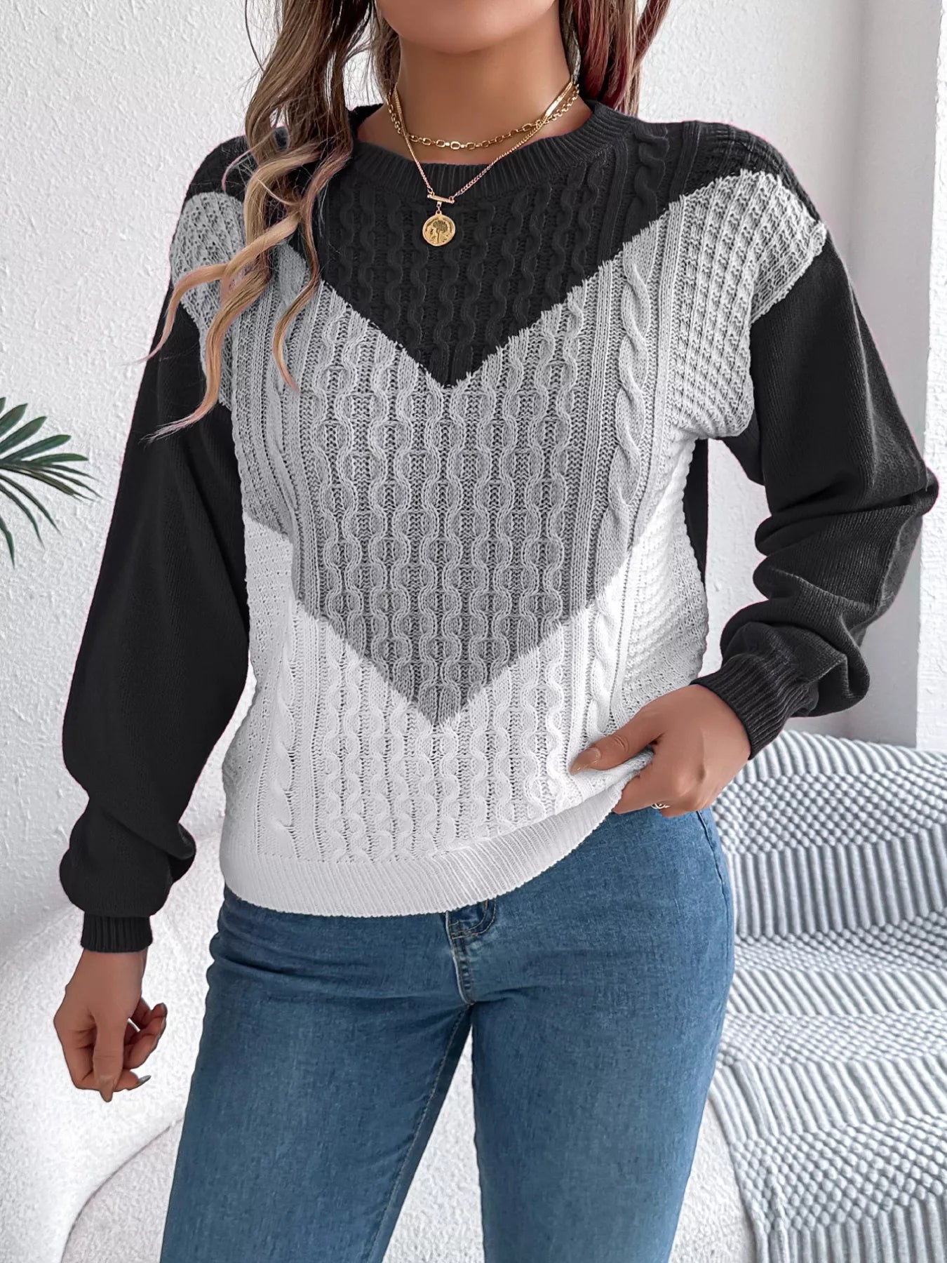 Color Block Cable Knit Sweater
