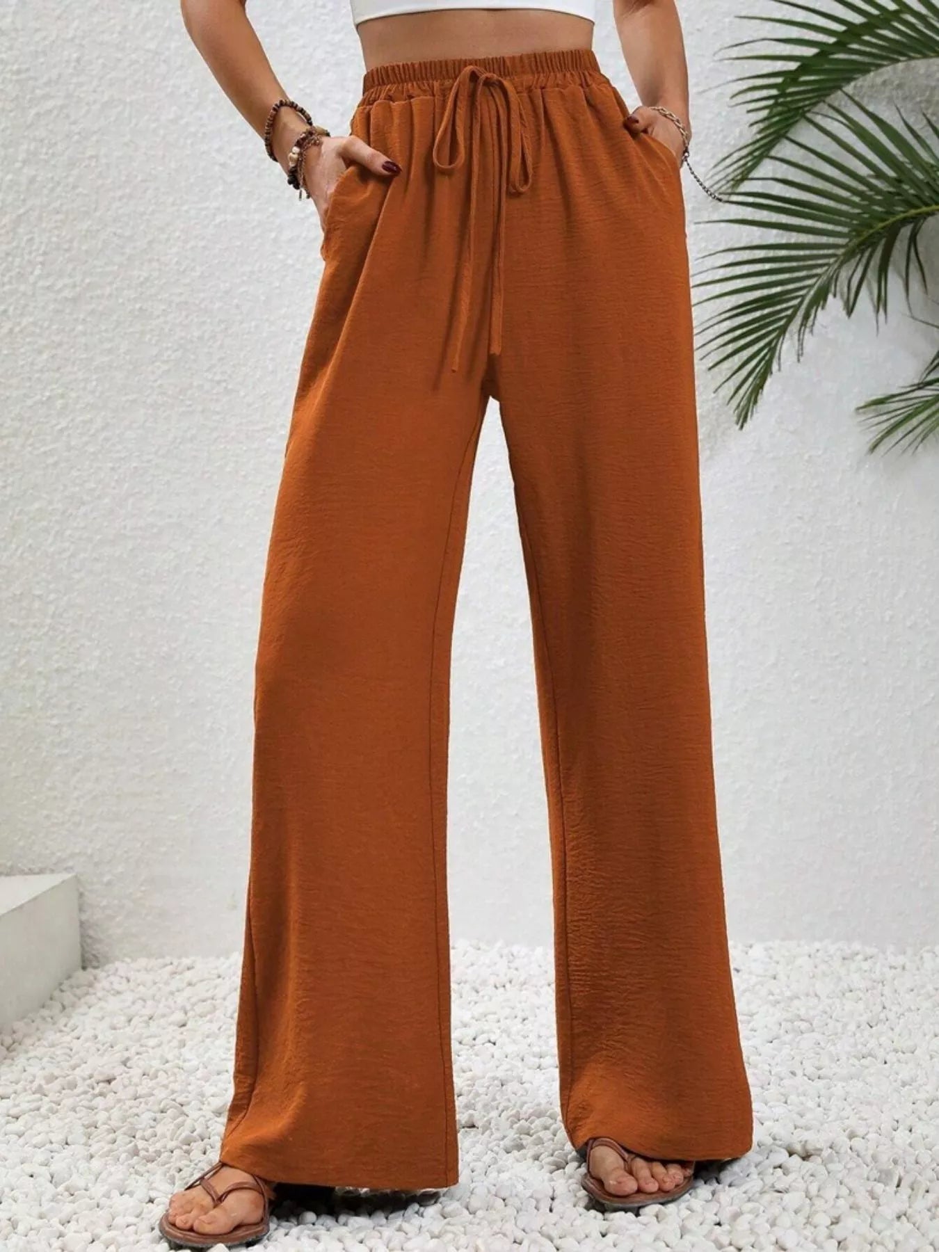 Casual Drawstring Wide Leg Pants Orange-red