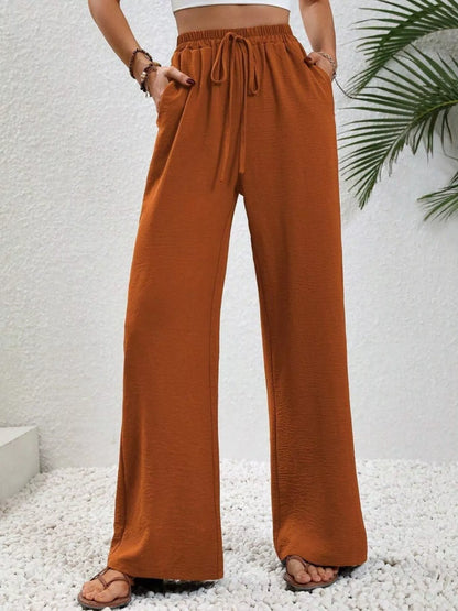 Casual Drawstring Wide Leg Pants Orange-red