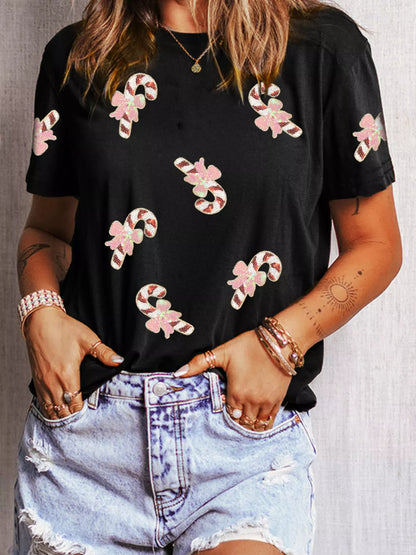 Christmas Sequined Candy Cane Patched Pattern Holiday T Shirt