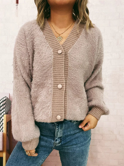 Fuzzy Button-Up Long Sleeve Cardigan Khaki One Size
