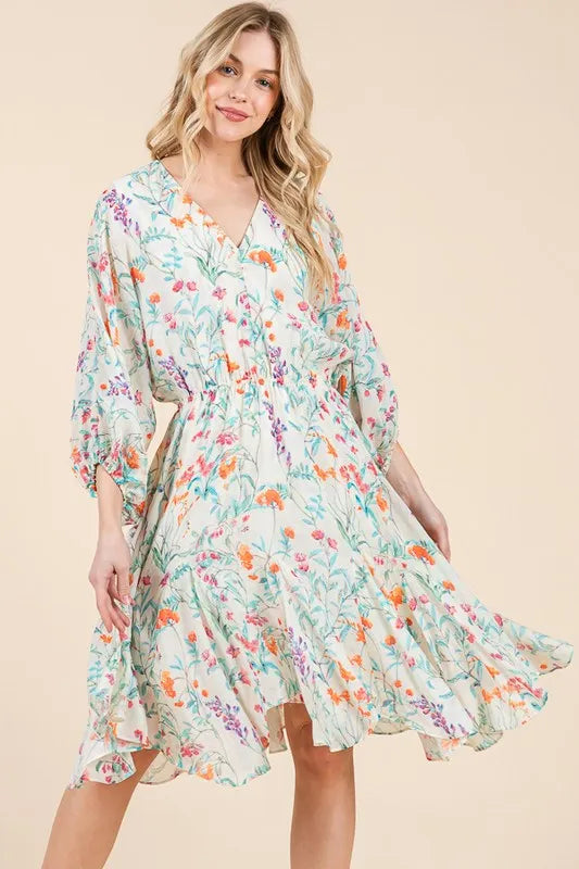 Lime 'N' Chili Floral Cinched Waist Balloon Sleeve V-Neck Dress