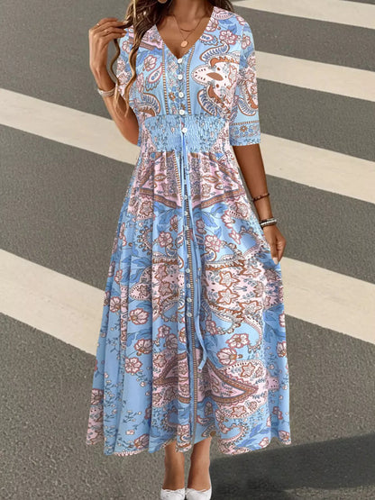 Smocked Printed Half Sleeve Dress Blue