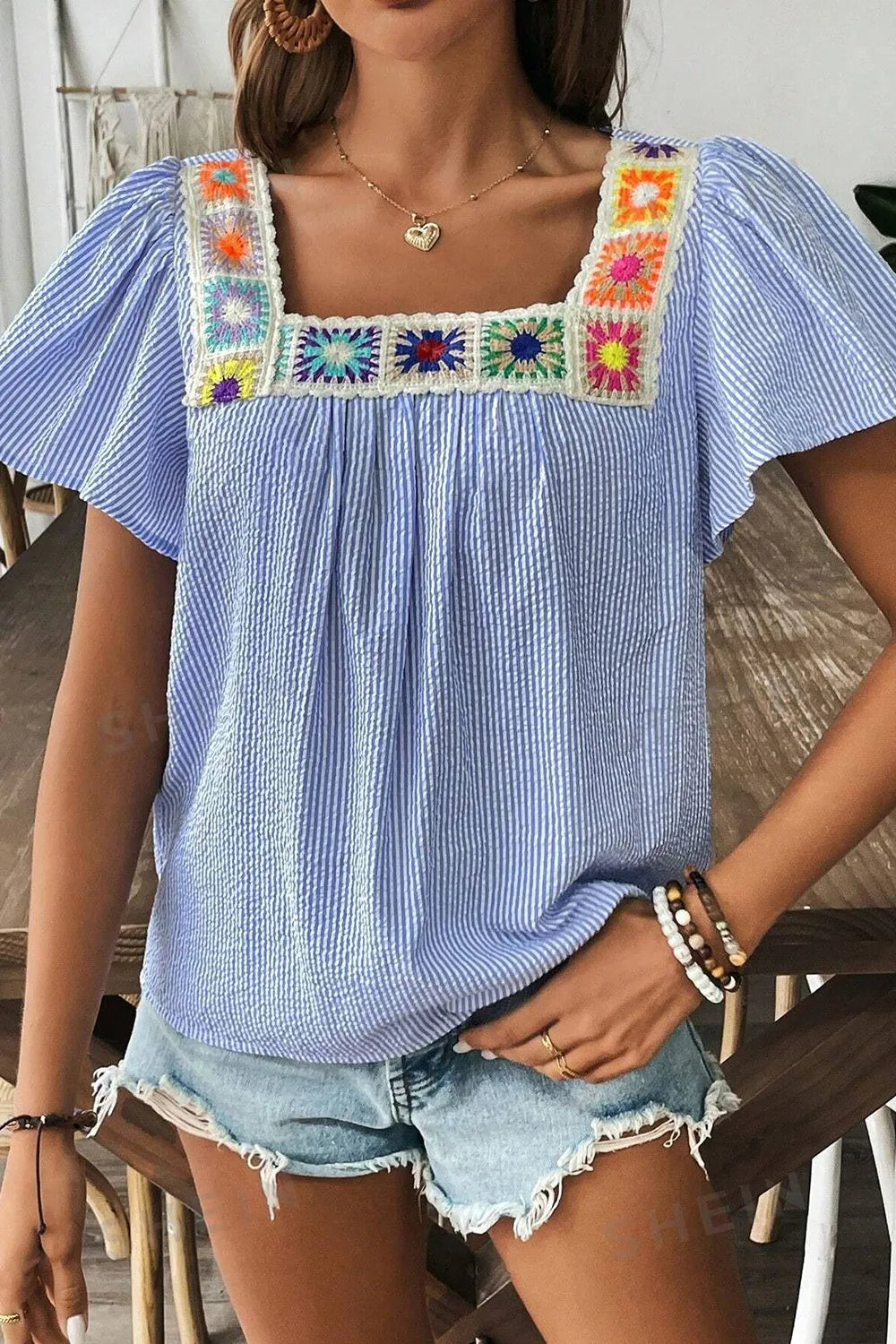 Stripe Textured Ruffle Short Sleeve Boho Detail Square Neck Blouse Sky Blue Stripe