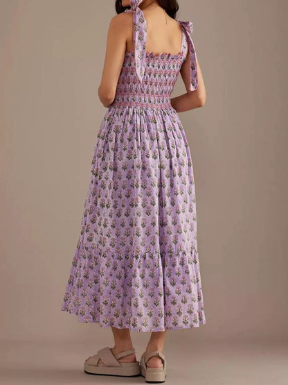 Floral Smocked Tie-Shoulder Midi Dress