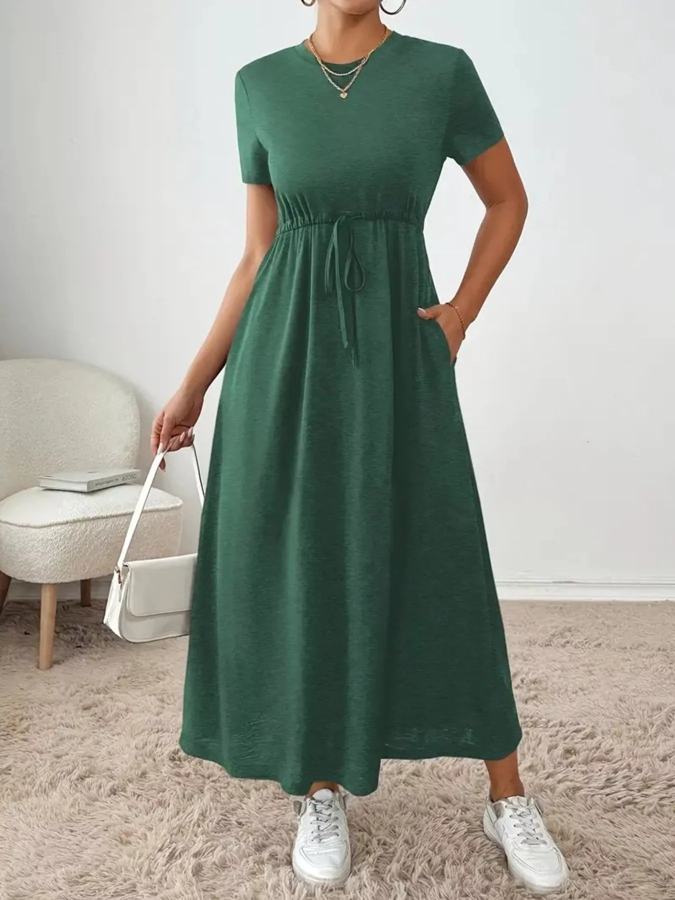 Casual Drawstring Waist Short Sleeve Tee Dress Dark Green