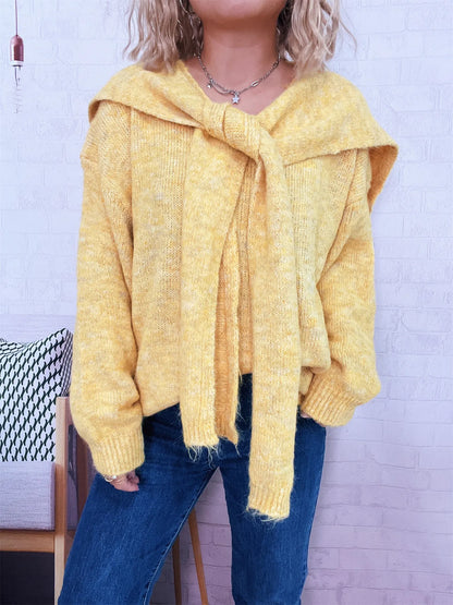 Ribbed Hem V-Neck Sweater with Shawl