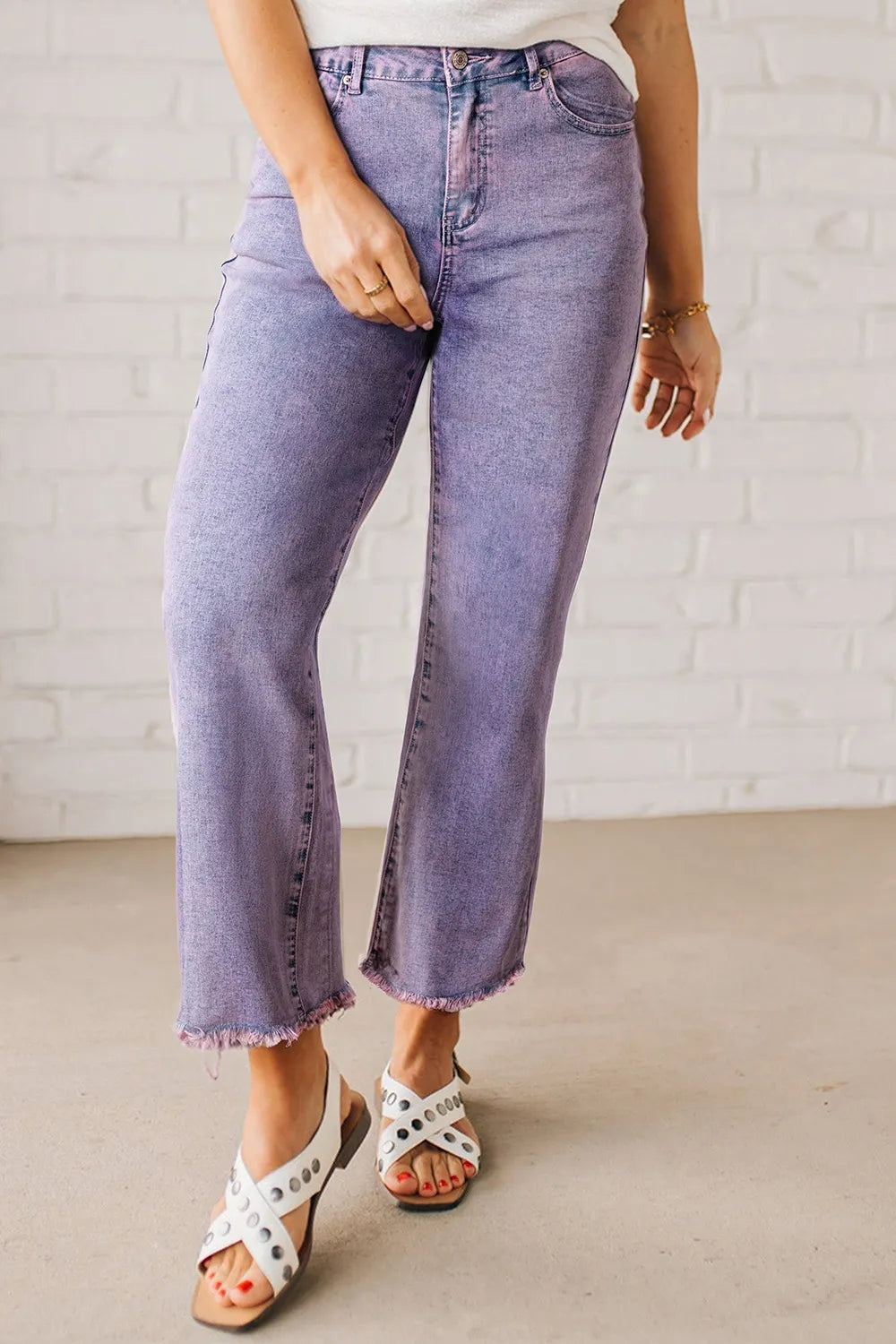 Washed Raw Hem Cropped Jeans Mauve