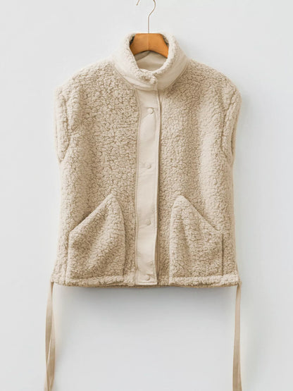Faux Fur Snap Button Front Knot Side Plush Vest with Pockets