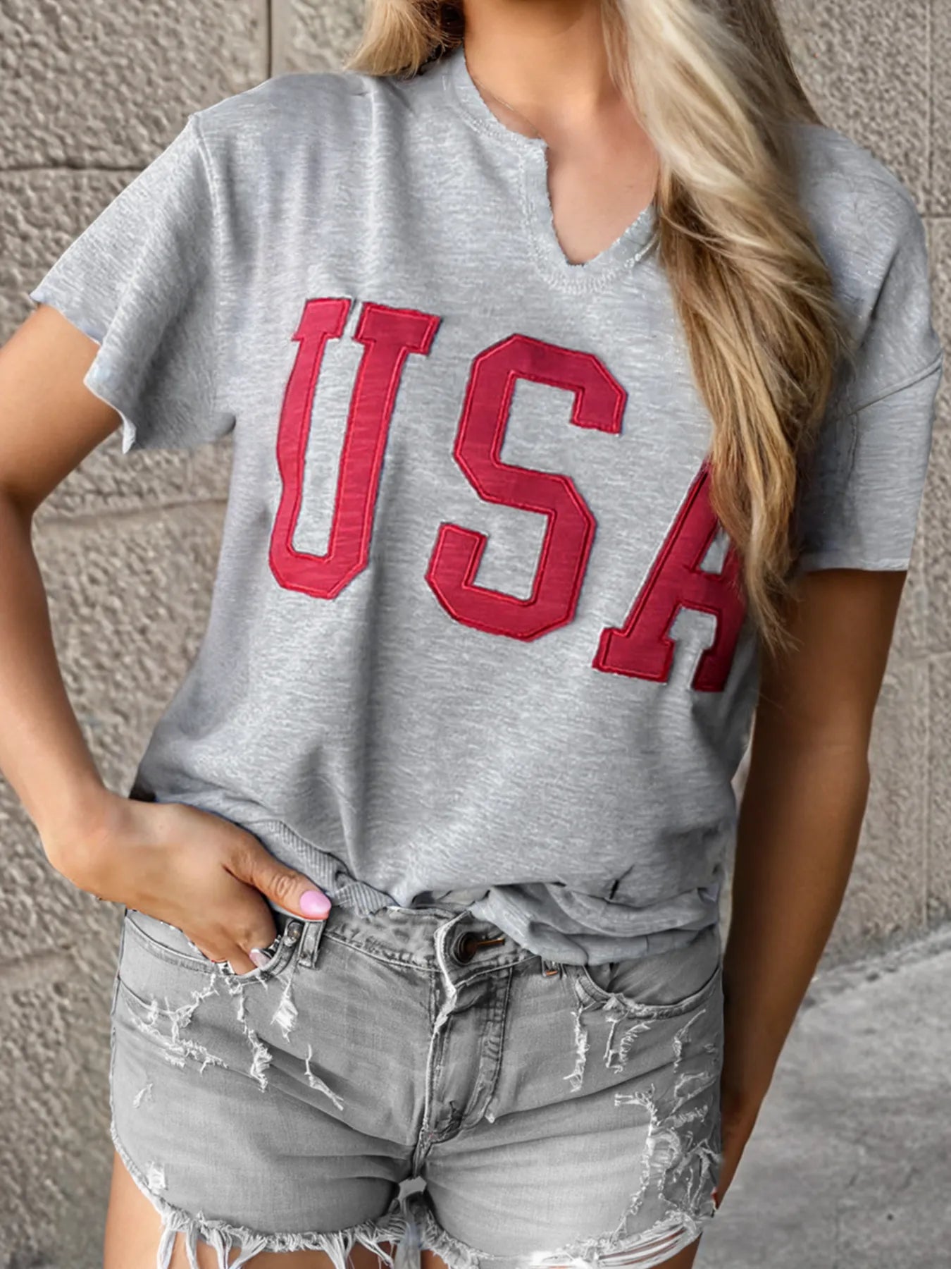 USA Lettering Patch Notched Neck T-Shirt