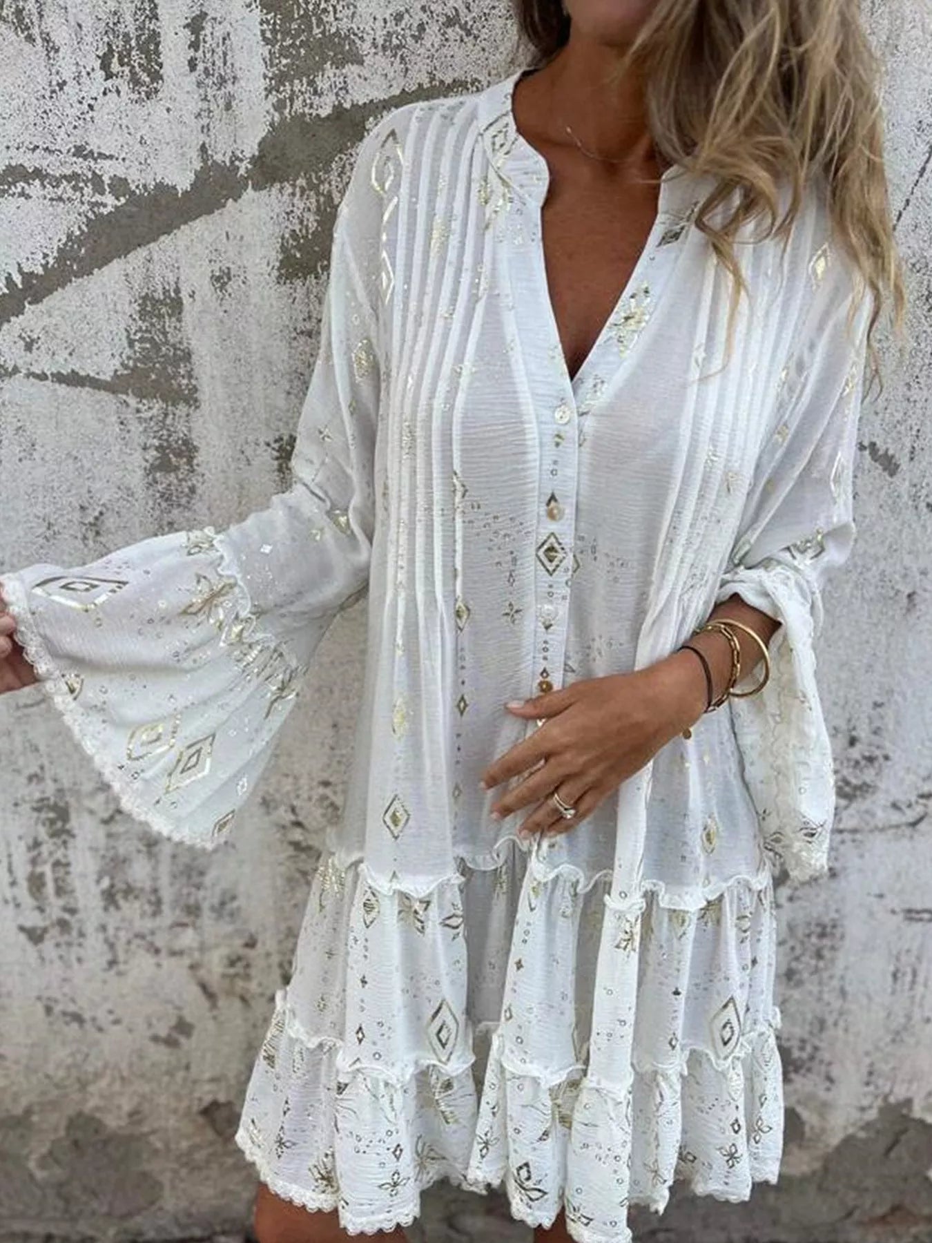 Full Size Printed Notched Flare Sleeve Dress Plus Size White