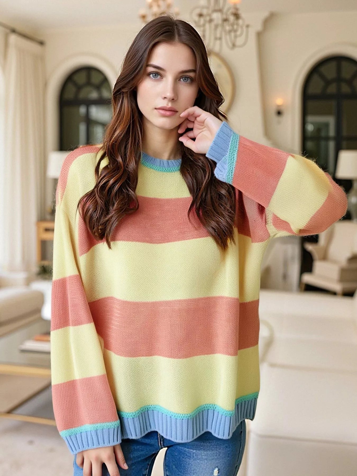 Color Block Round Neck Sweater
