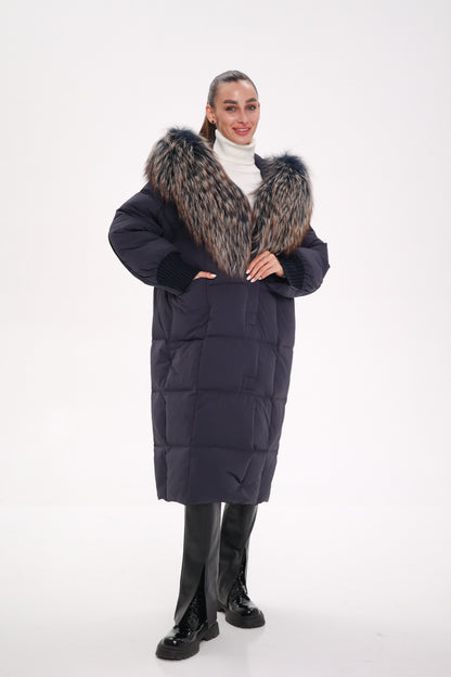 Rei Genuine Fur Trim Hooded Down Coat in Navy
