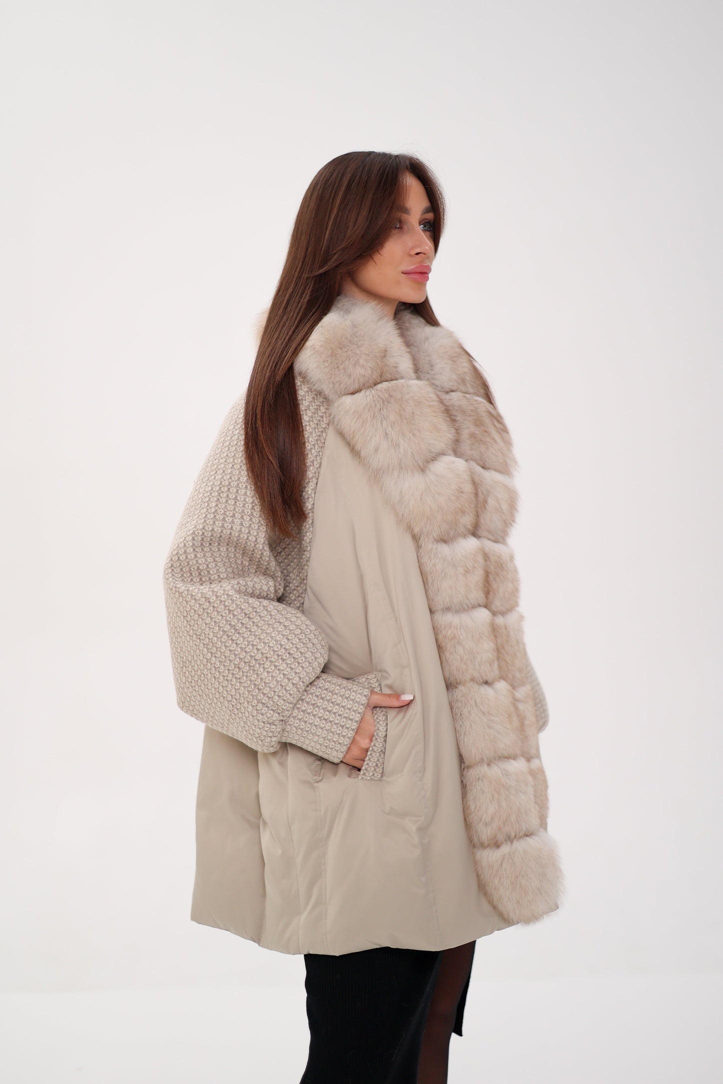 Genuine Polar Fox Boucle Down Coat