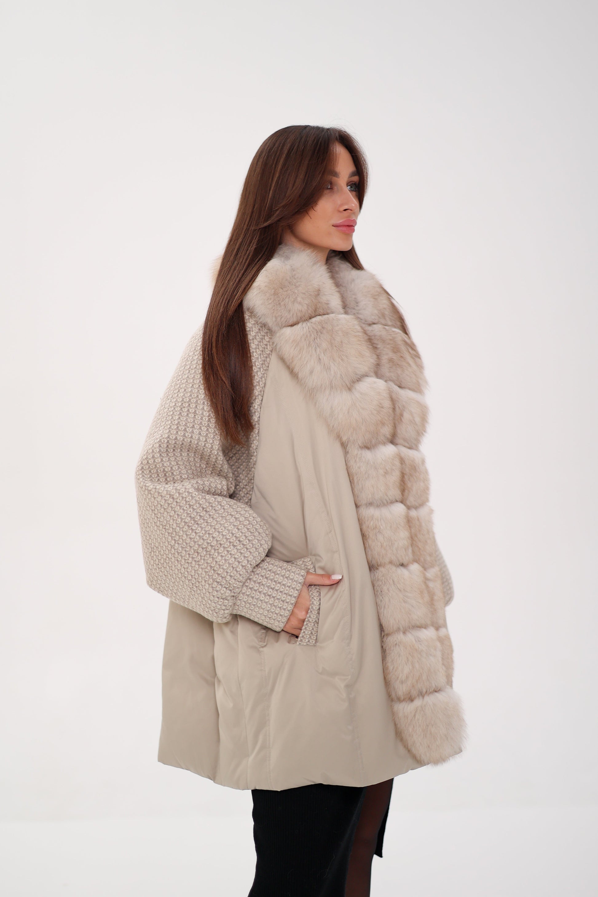 Genuine Polar Fox Boucle Down Coat