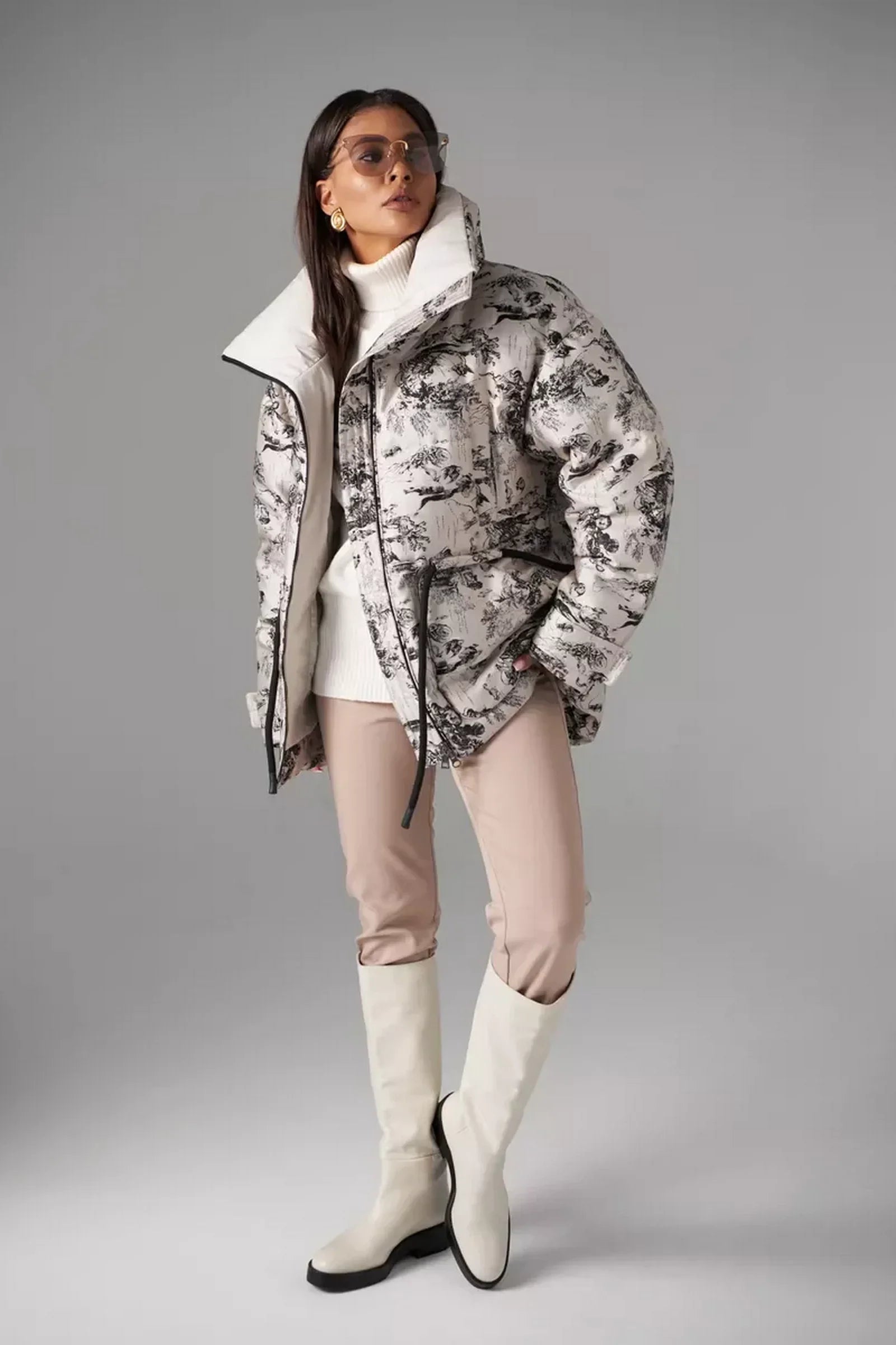 Monochrome Jacquard Down Fill Coat Vintage Ink