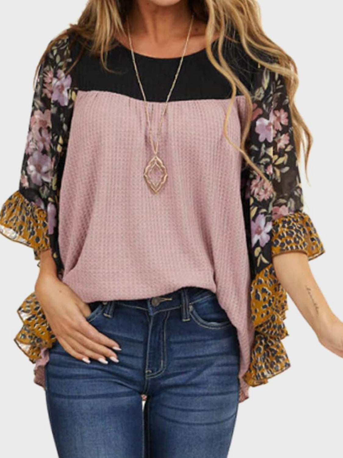 Full Size Printed Round Neck Three-Quarter Sleeve Blouse Moonlit Mauve