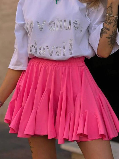 Elastic Waist Ruffled Hem Skirt Rose Red