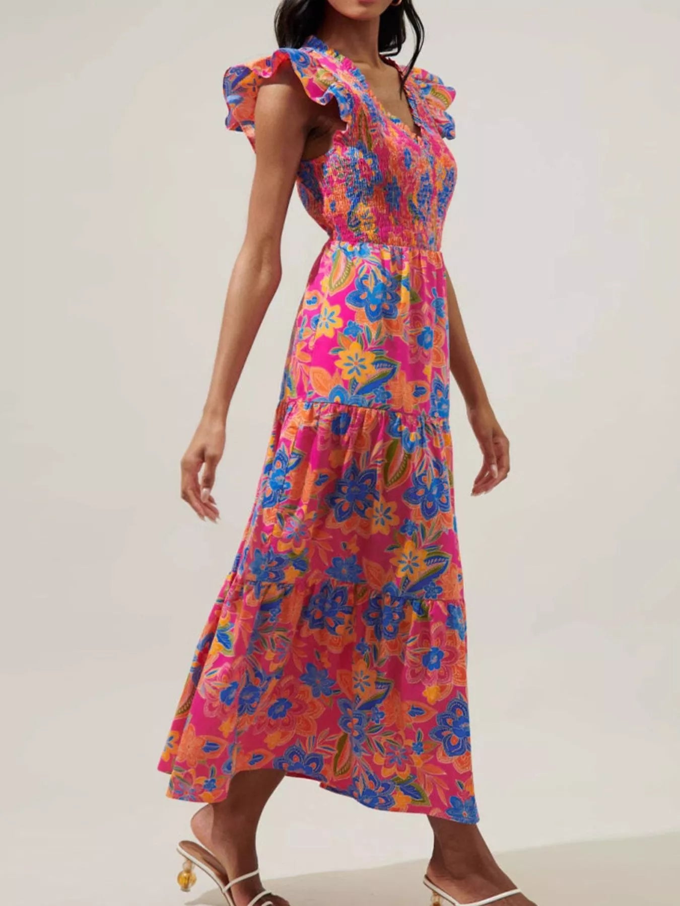 Ruffled V-Neck Tiered Midi Dress