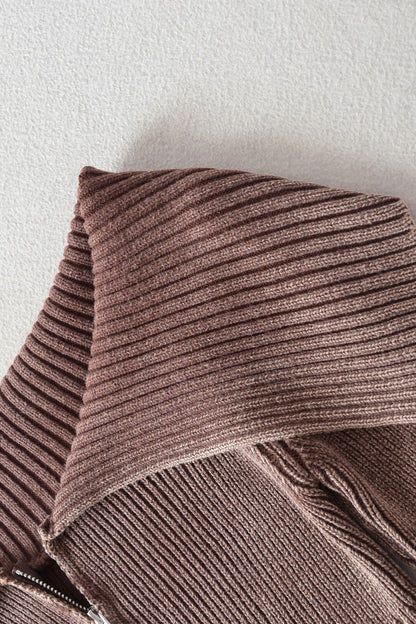 Back To School Sweater - Double Take Ribbed Off-Shoulder Zip Up Long Sleeve Cardigan