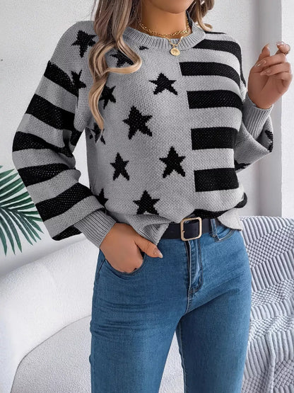 Stars and Stripes Pattern Casual Round Neck Sweater