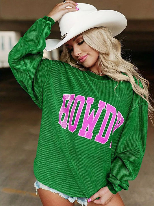 Full Size Howdy Round Neck Oversized Sweatshirt Plus Size Green