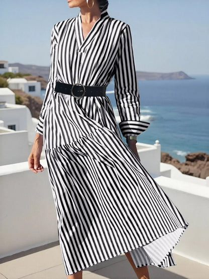 Striped Notched Long Sleeve Midi Dress