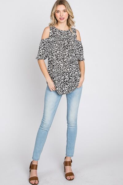 Heimish Full Size Leopard Round Neck Cold Shoulder T-Shirt Plus Size