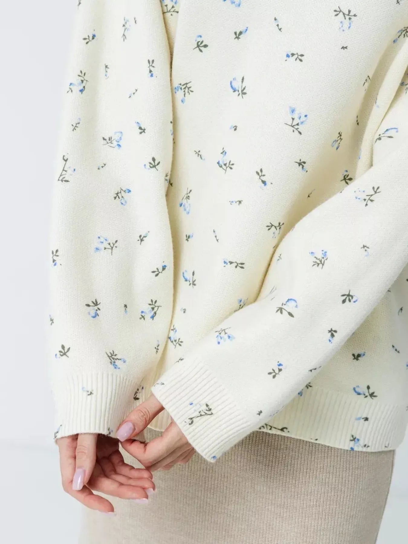 Ribbed Hem Floral Long Sleeve Sweater