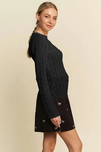 Davi & Dani Long Sleeve Sheer Small Embroidered Bows Lace Top