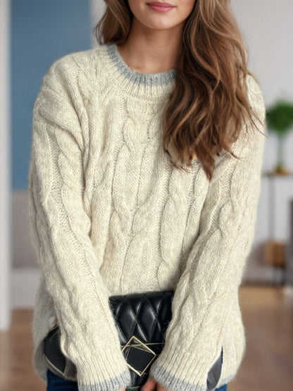 Cable Knit Round Neck Long Sleeve Sweater White One Size