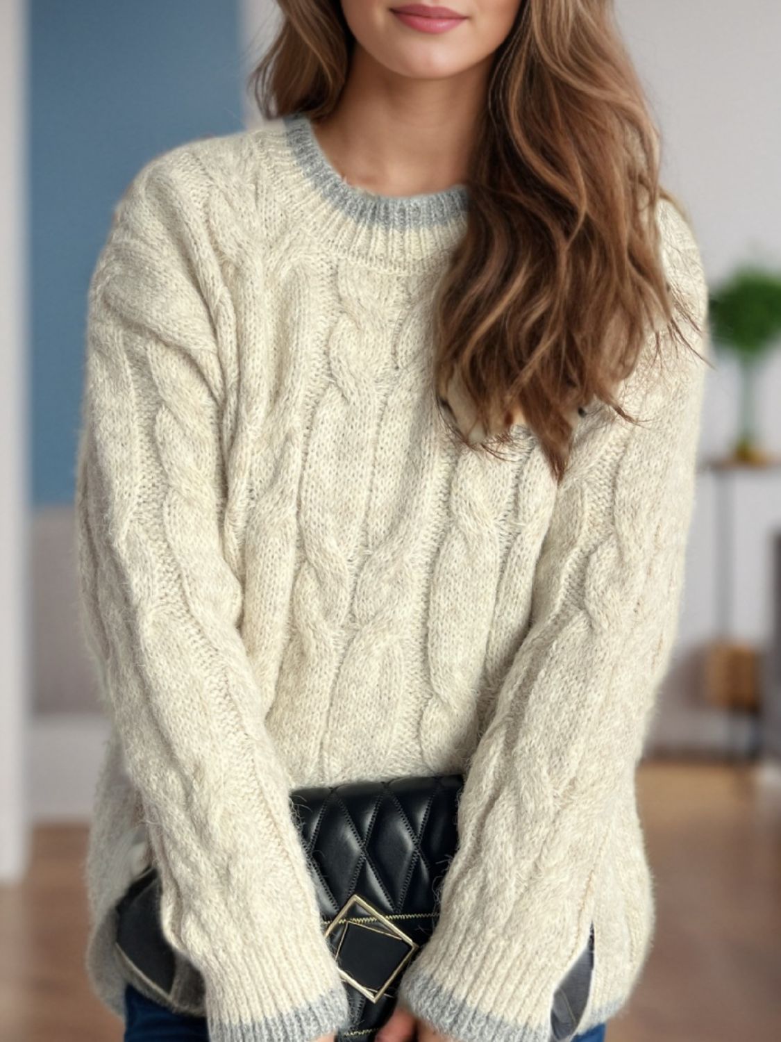 Cable Knit Round Neck Long Sleeve Sweater White One Size