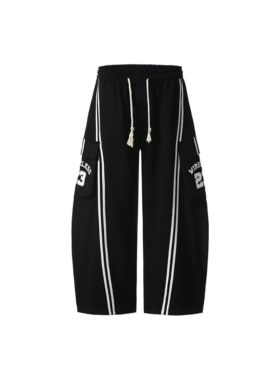 Drawstring Side Striped Wide Leg Pants Black