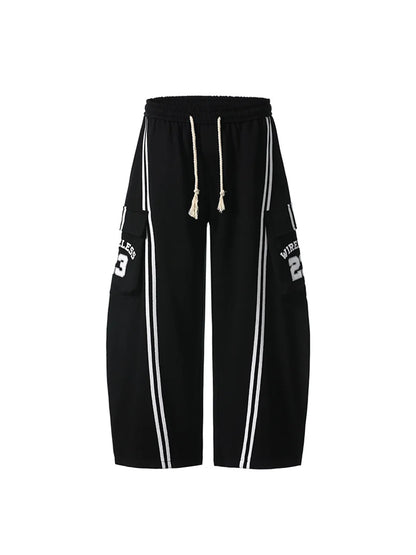 Drawstring Side Striped Wide Leg Pants Black