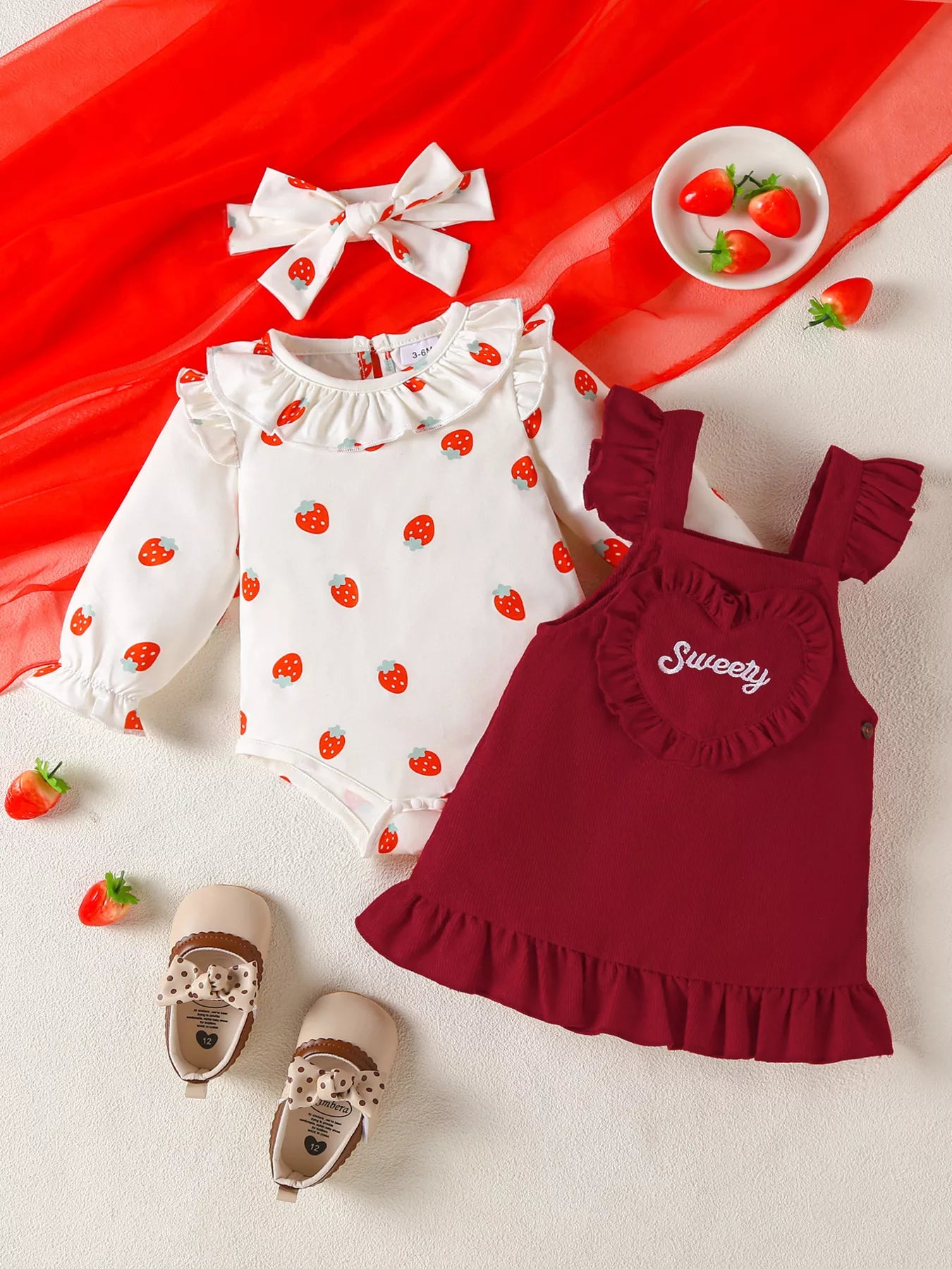Children's Ruffled Bodysuit and Heart Decor Dress Set with Headband Burgundy